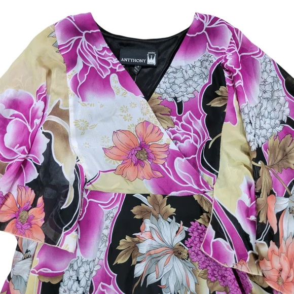 Antthony Kimono Tunic Top‎ Womens Small Floral Japanese Lotus Wrap V Neck Spring - Picture 5 of 14